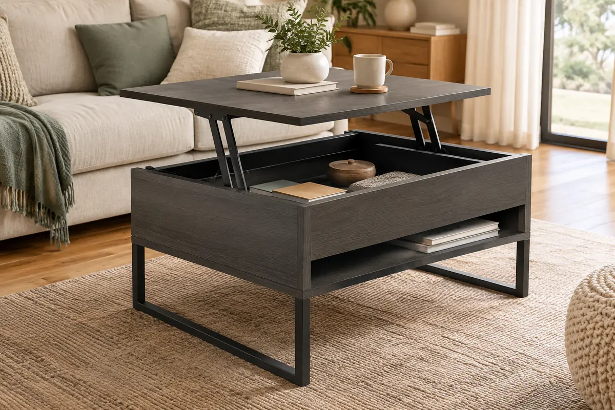 Table basse carrée gris foncé avec plateau relevé et rangement visible dans un salon lumineux.