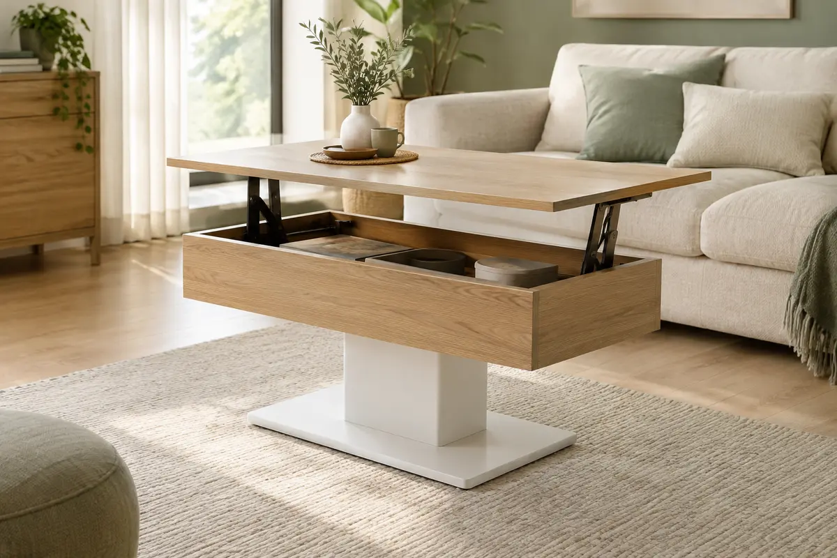 Table basse Eden à plateau relevable en bois clair et pied central blanc, installée dans un salon lumineux.