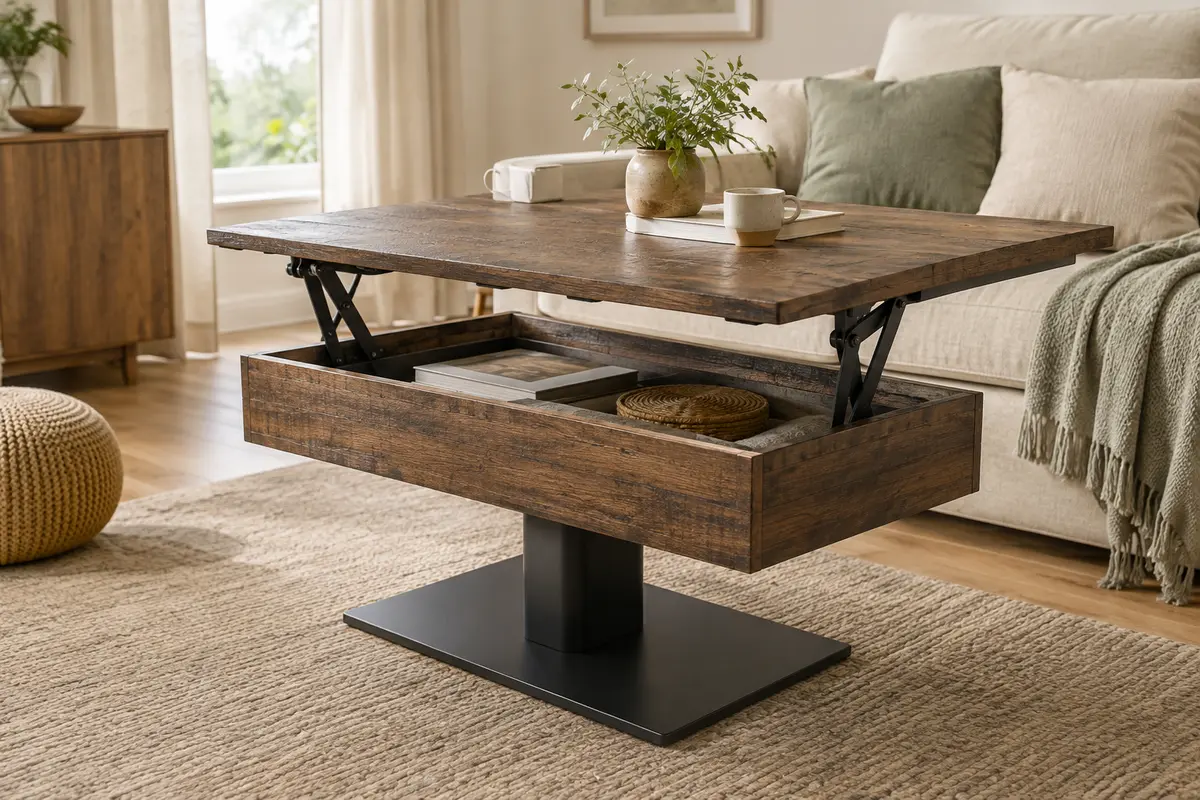 Table basse Eden en bois foncé et noir avec plateau relevé et compartiment de rangement intégré