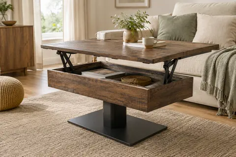 Table basse Eden en bois foncé et noir avec plateau relevé et compartiment de rangement intégré