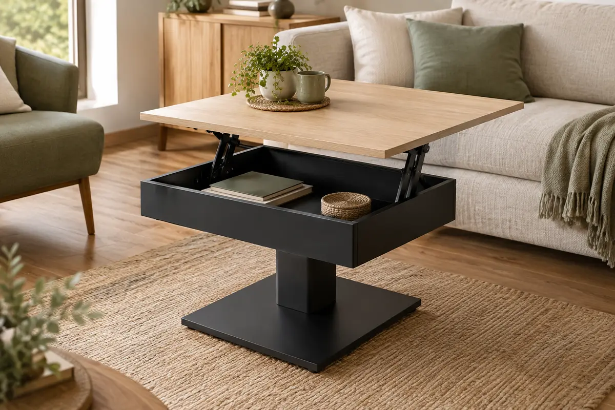 Table basse carrée Eden avec plateau effet hêtre relevé, rangement intérieur et pied central noir