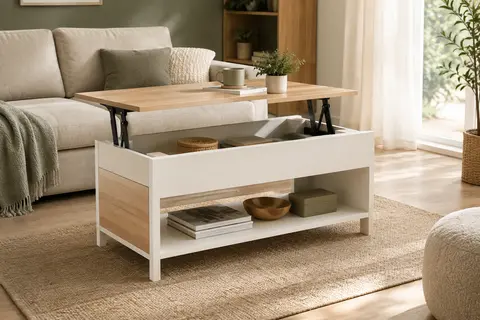 Table basse blanche Elea au décor façon hêtre, plateau relevé et rangements visibles dans un salon lumineux