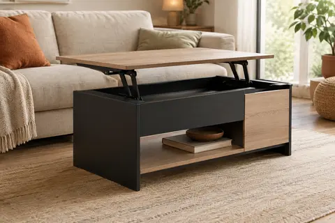 Table basse rectangulaire noire et façon hêtre avec plateau relevé, coffre latéral et étagère basse.