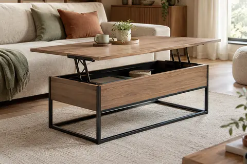 Table basse rectangulaire en bois et métal noir, plateau relevé au-dessus d’un compartiment de rangement
