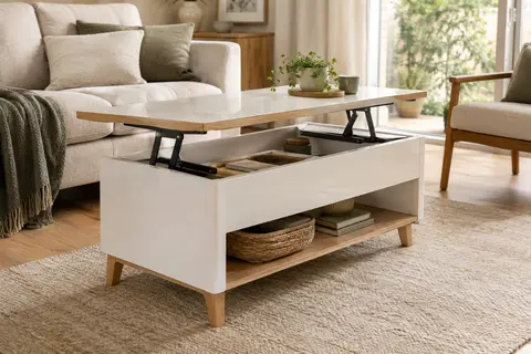 Table basse rectangulaire blanche et imitation hêtre, plateau relevé et niche de rangement ouverte