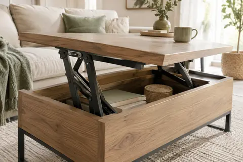 Paire de charnières à ressort noires installées sous le plateau relevé d’une table basse en bois.