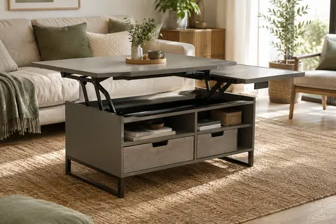 Table basse relevable grise avec plateau déployé, tiroirs en tissu et étagères ouvertes dans un salon lumineux