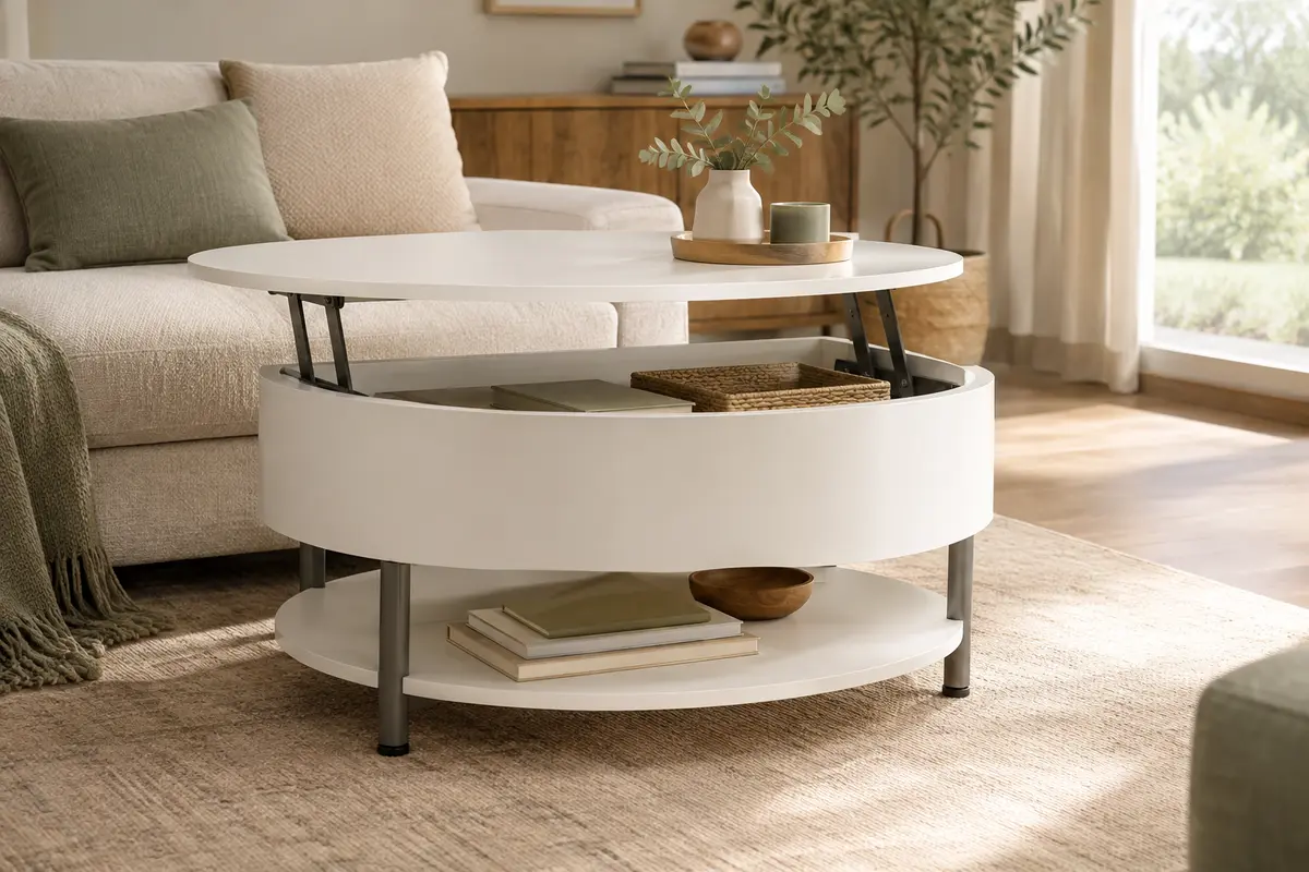Table basse ronde blanche avec plateau relevable, compartiment caché et étagère ouverte dans un salon lumineux