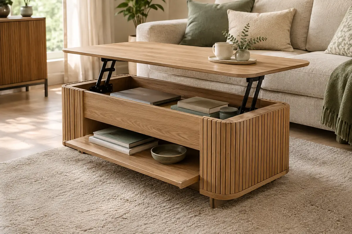 Table basse relevable en bois aux côtés courbés, plateau ouvert et étagère inférieure extensible