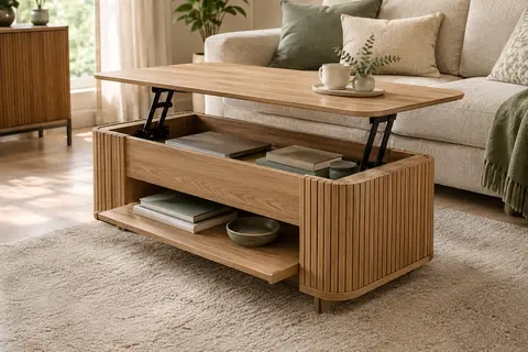 Table basse relevable en bois aux côtés courbés, plateau ouvert et étagère inférieure extensible