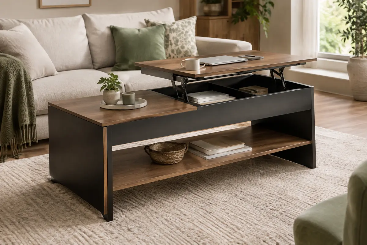 Table basse noire et bois à plateau relevable, avec rangements cachés et étagère ouverte dans un salon lumineux