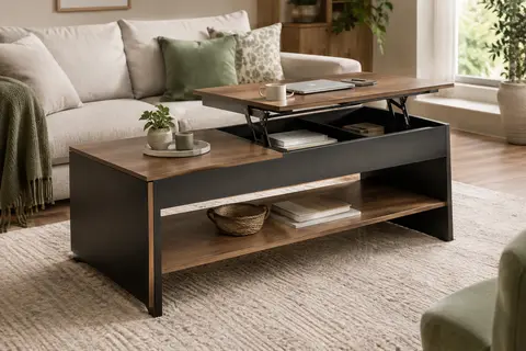 Table basse noire et bois à plateau relevable, avec rangements cachés et étagère ouverte dans un salon lumineux
