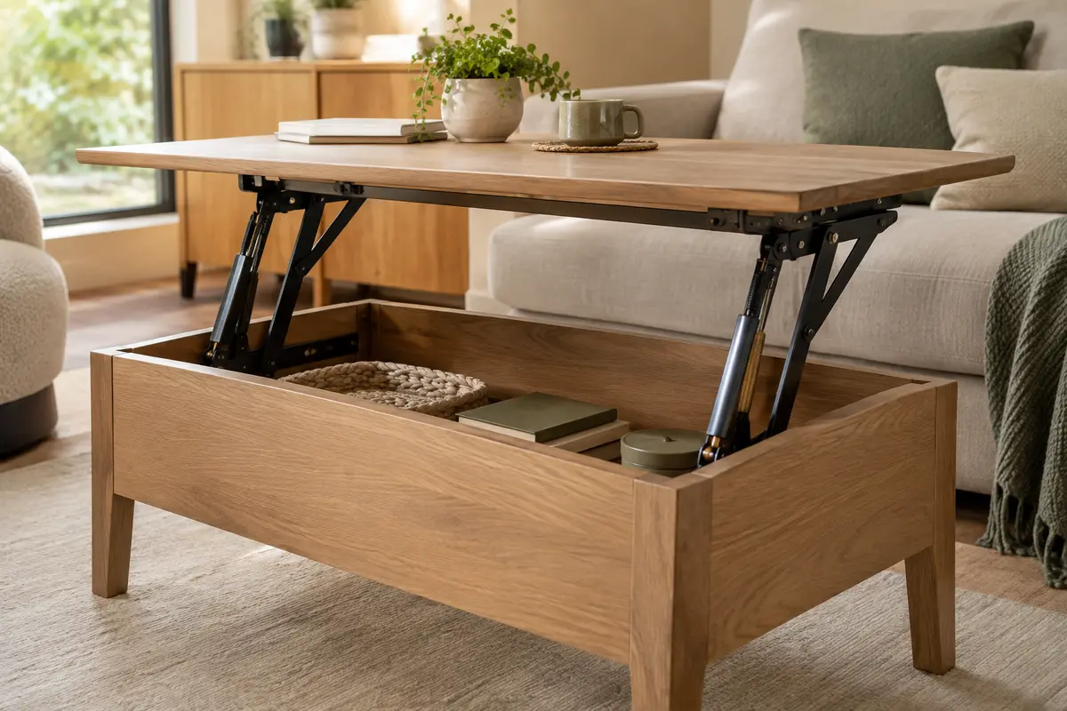 Paire de mécanismes noirs à vérins installés sous le plateau relevé d’une table basse en chêne.