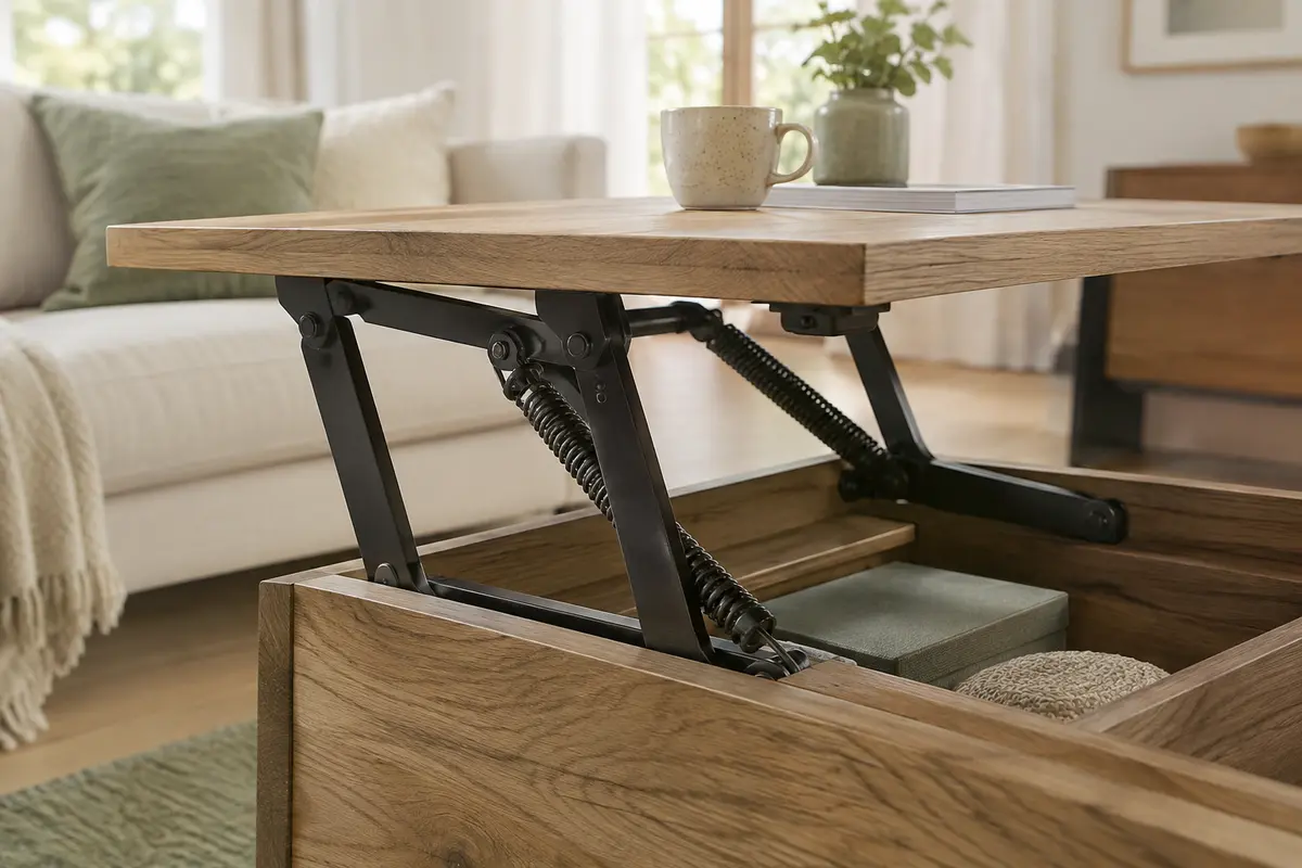Paire de mécanismes noirs à ressort montée sous un plateau de table basse en chêne relevé.