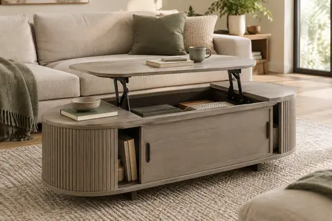 Table basse ovale Purfino en bois gris lavé, avec plateau central relevé et compartiments latéraux coulissants