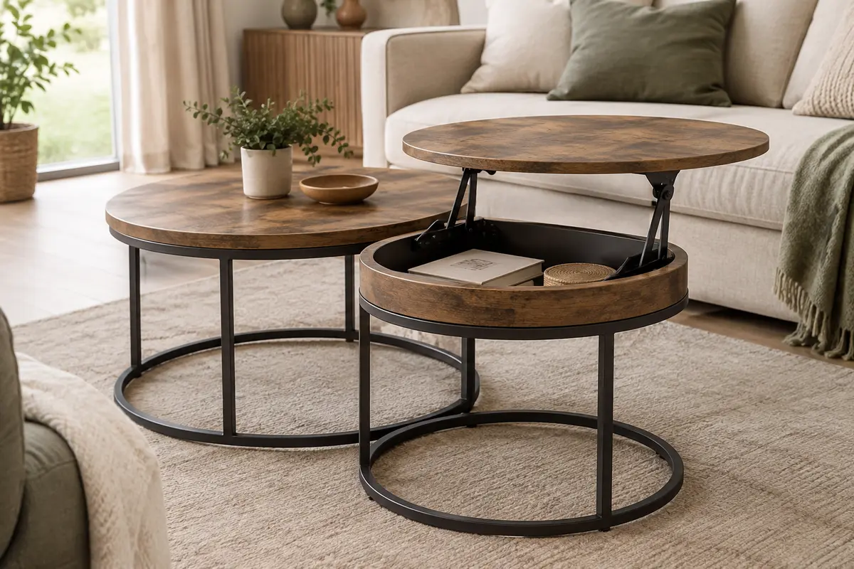 Deux tables basses rondes brun rustique, dont la petite avec plateau relevé et rangement caché