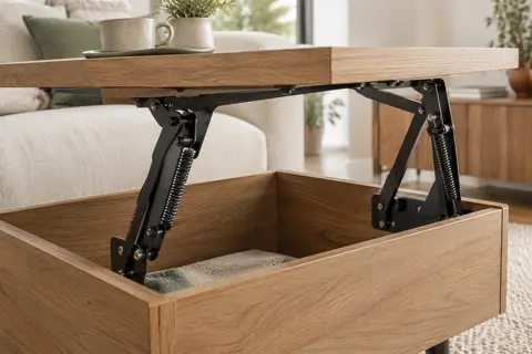Paire de mécanismes noirs à ressort fixés sous le plateau relevé d’une table basse en chêne.