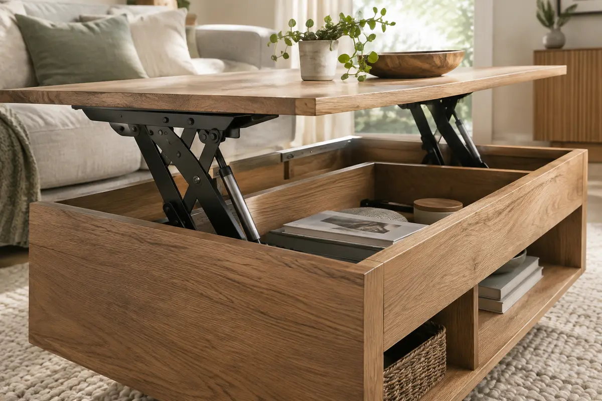Paire de charnières noires à gaz installées sous le plateau relevé d’une table basse en chêne.