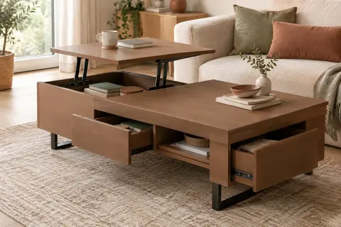 Table basse marron camel à deux plateaux relevables, avec tiroirs et niche ouverte dans un salon lumineux.