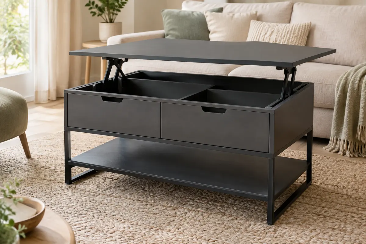 Table basse relevable gris anthracite avec tiroirs, compartiments cachés et étagère ouverte dans un salon lumineux