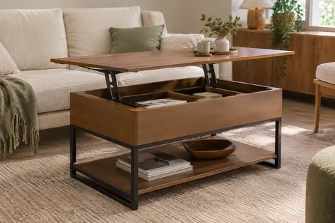 Table basse relevable brun camel et noire avec compartiments cachés, mise en scène dans un salon lumineux.