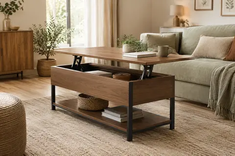 Table basse relevable brun camel et noir avec compartiment de rangement dans un salon lumineux.