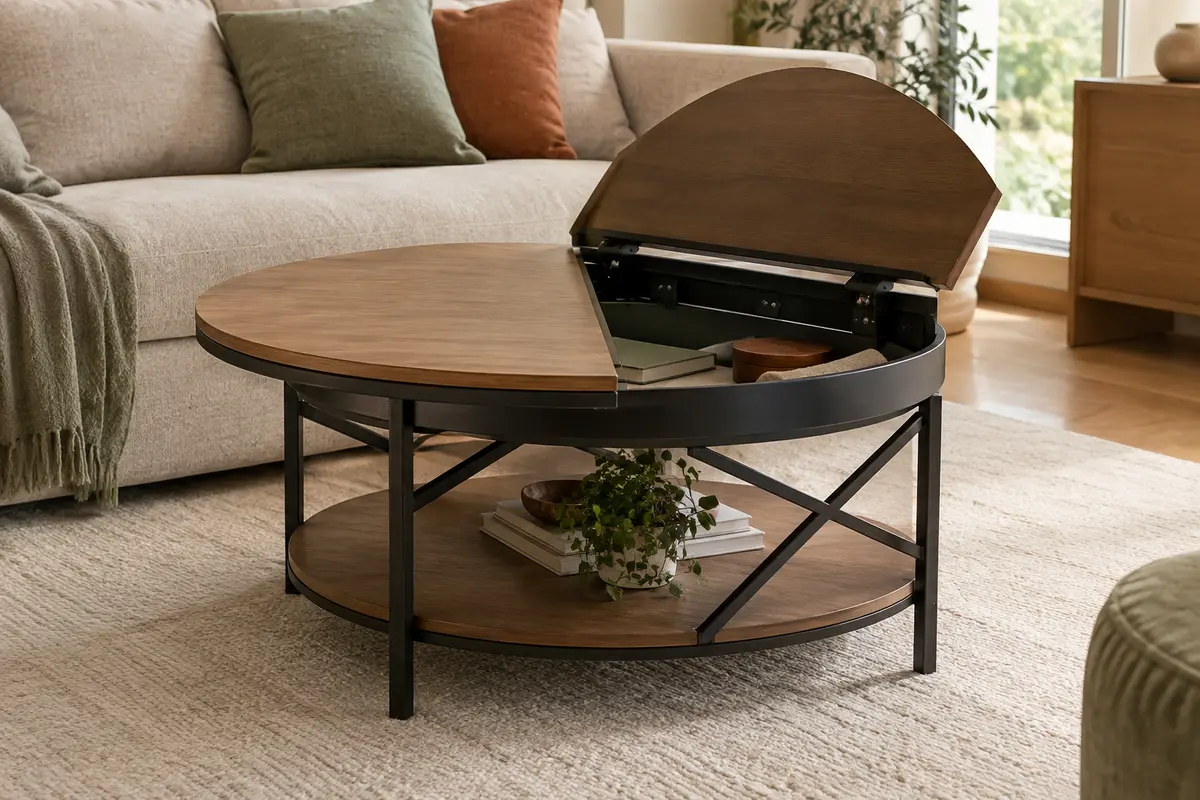 Table basse ronde brun camel et acier noir, avec plateau relevable, compartiment caché et étagère ouverte.
