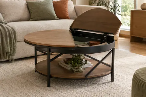 Table basse ronde brun camel et acier noir, avec plateau relevable, compartiment caché et étagère ouverte.
