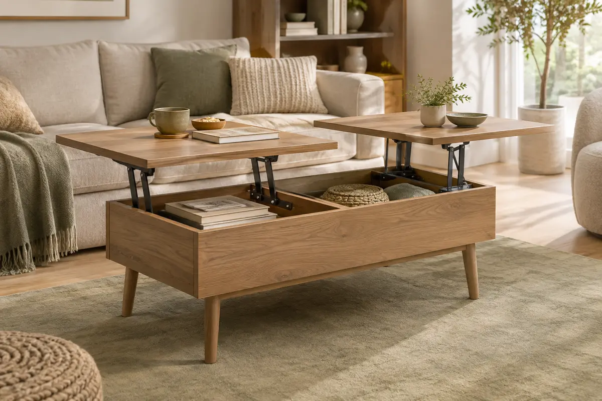 Table basse en finition bois avec deux plateaux relevés et des compartiments de rangement intégrés
