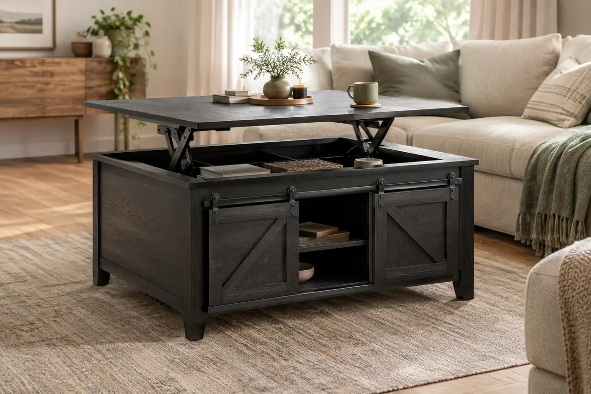Table basse noire à plateau relevable, portes coulissantes et rangements intégrés dans un salon lumineux.