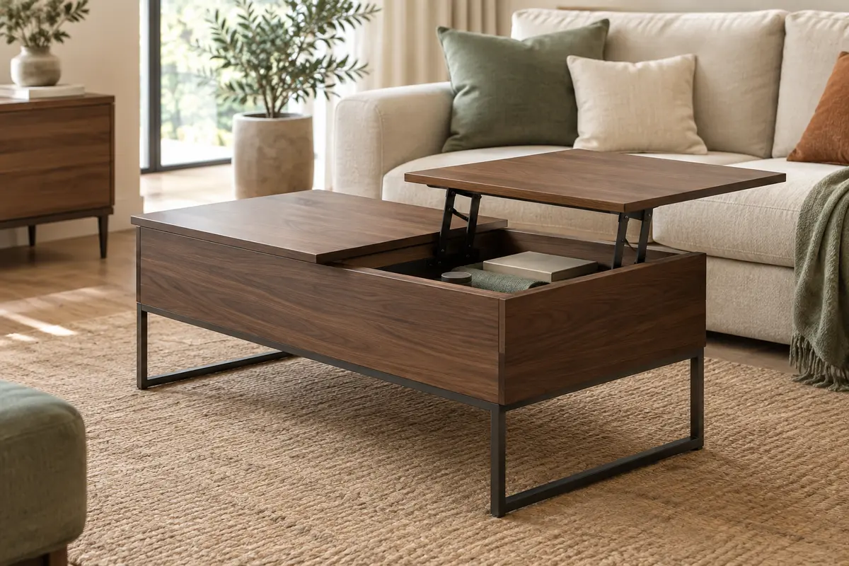 Table basse relevable finition noyer avec plateau surélevé et compartiment de rangement dans un salon lumineux