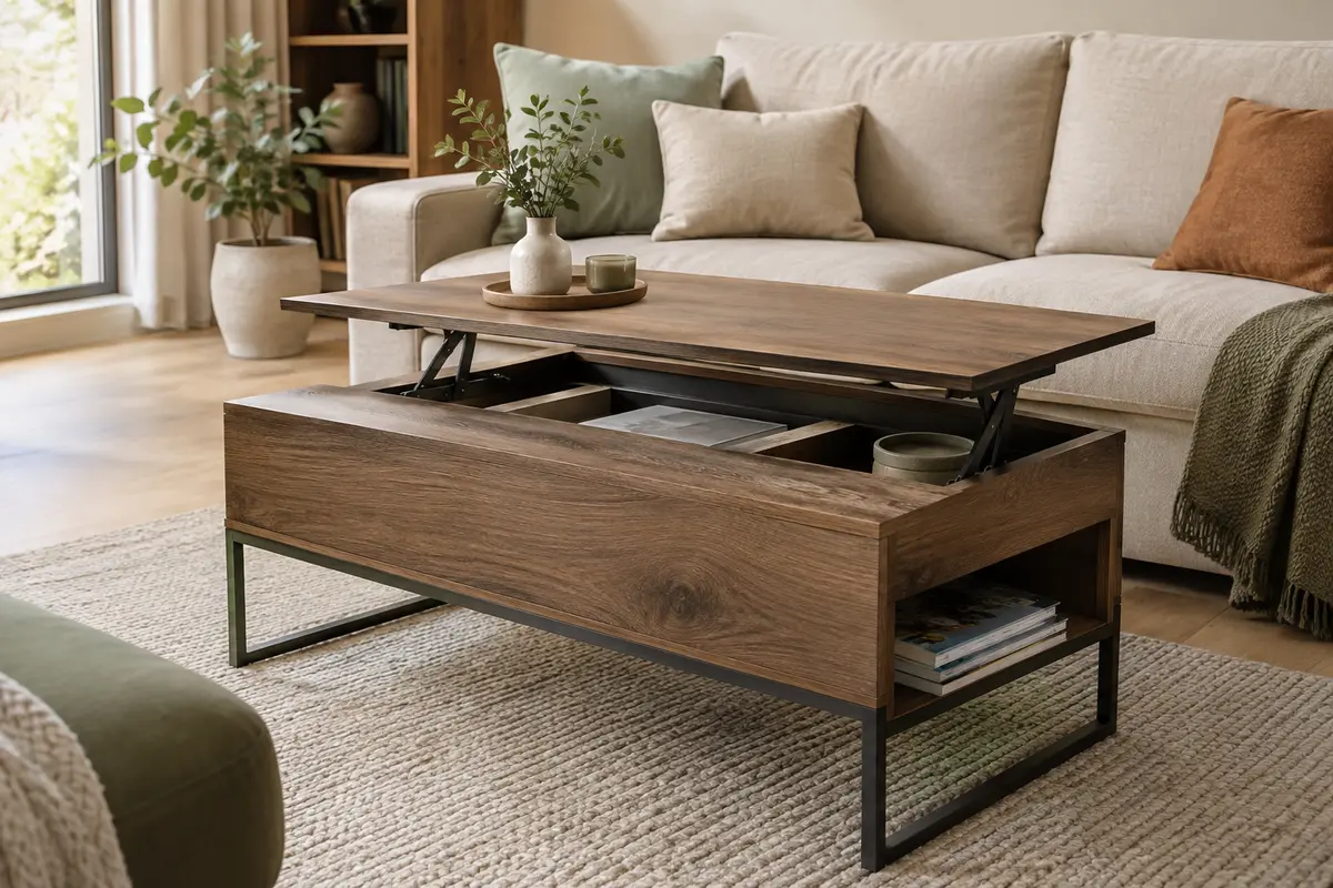 Table basse relevable aspect chêne, plateau entrouvert et compartiment de rangement visible dans un salon lumineux
