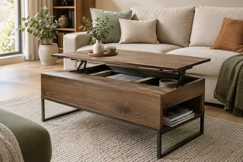 Table basse relevable aspect chêne, plateau entrouvert et compartiment de rangement visible dans un salon lumineux
