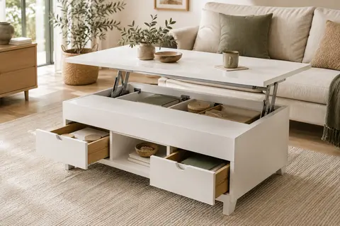 Table basse relevable blanche avec plateau déployé, deux tiroirs et compartiment ouvert dans un salon lumineux.