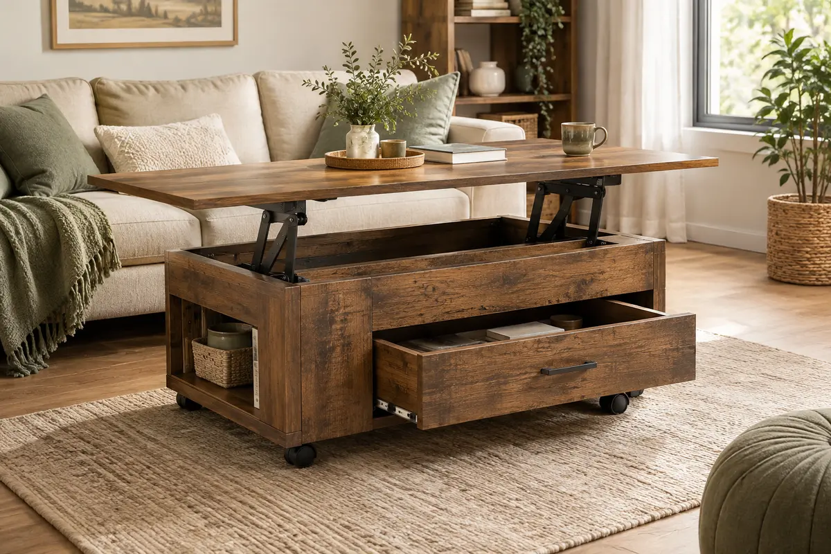 Table basse Woltu marron rustique avec plateau relevable, tiroir, rangements ouverts et roulettes.