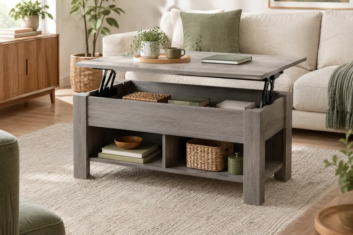 Table basse grise à plateau relevable avec coffre caché et deux compartiments inférieurs dans un salon lumineux.