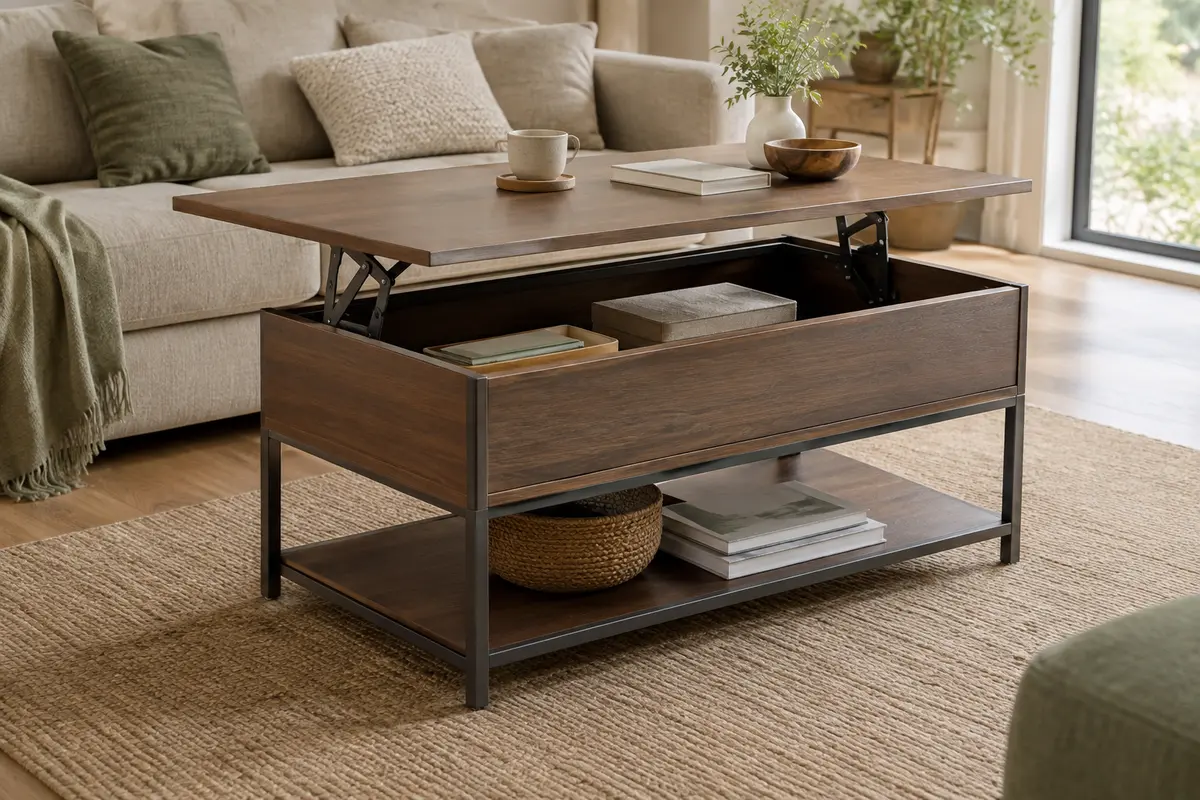 Table basse marron Yaheetech avec plateau relevé, compartiment caché et étagère ouverte dans un salon lumineux.