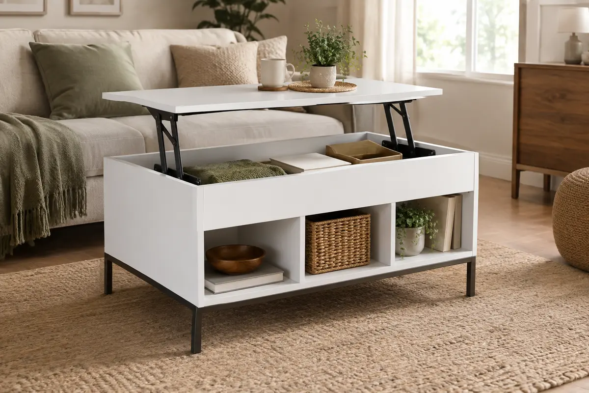 Table basse blanche à plateau relevable, compartiment caché et trois niches ouvertes dans un salon lumineux.