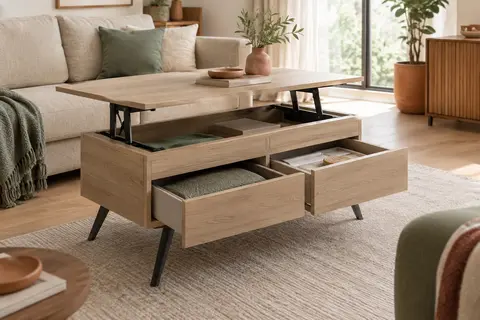 Table basse Yaheetech à plateau relevable, avec tiroirs ouverts en tissu et rangements dissimulés