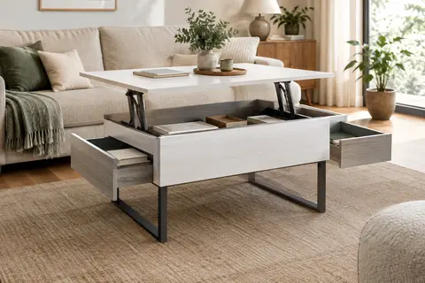 Table basse relevable blanche et grise avec tiroirs double face et rangement à trois niveaux dans un salon lumineux