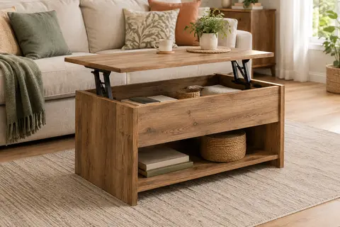 Table basse en finition chêne rustique avec plateau relevé, compartiment caché et étagère de rangement