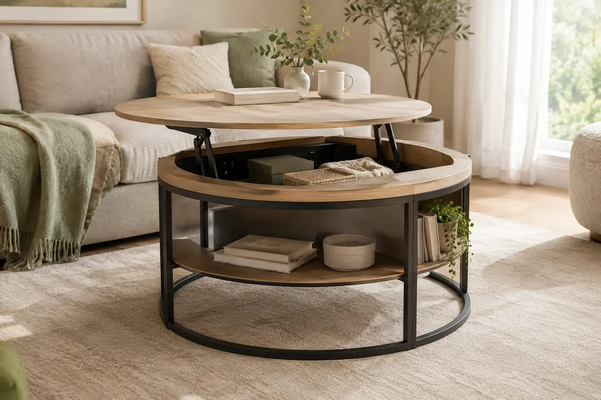 Table basse ronde à plateau relevable, décor chêne blanc, avec compartiment caché et étagères latérales ouvertes.