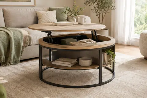 Table basse ronde à plateau relevable, décor chêne blanc, avec compartiment caché et étagères latérales ouvertes.