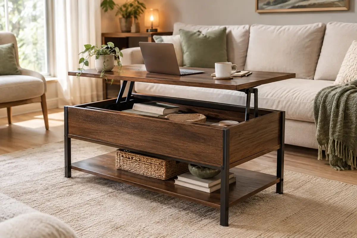 Table basse brune à plateau relevable, avec rangement intégré, éclairage RGB et cadre en acier
