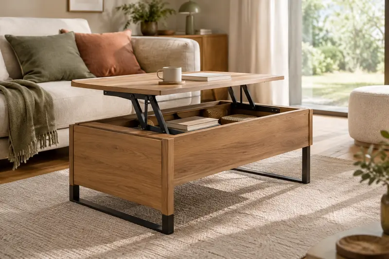 Détail du plateau relevé et du mécanisme d’une table basse dans un salon épuré