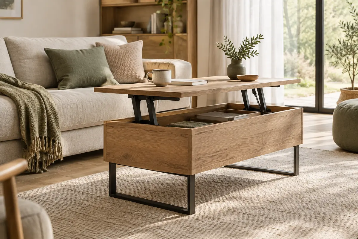 Table basse relevable en chêne présentée dans un salon lumineux, plateau ouvert et rangement visible